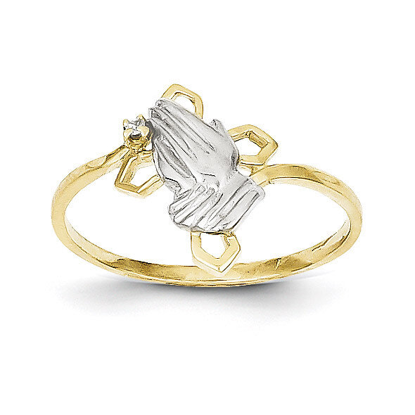 Praying Hands Synthetic Diamond with Cross Ring 10K Gold & Rhodium 10C1283