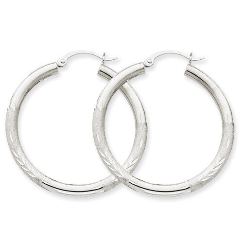 Satin &amp; Diamond-cut 3mm Round Hoop Earrings 10k White Gold 10TC275, MPN: 10TC275, 883957896731