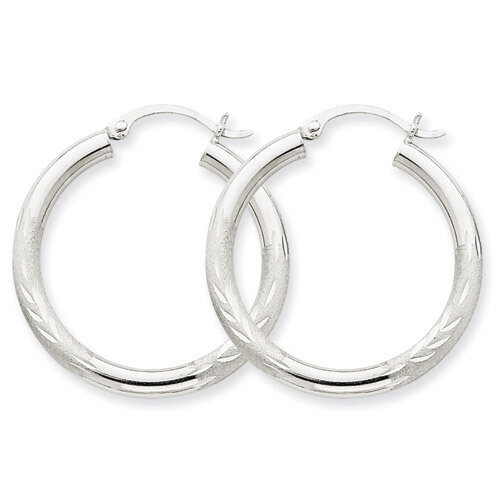 Satin &amp; Diamond-cut 3mm Round Hoop Earrings 10k White Gold 10TC276, MPN: 10TC276, 883957896748