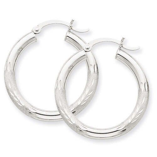Satin & Diamond-cut 3mm Round Hoop Earrings 10k White Gold 10TC277