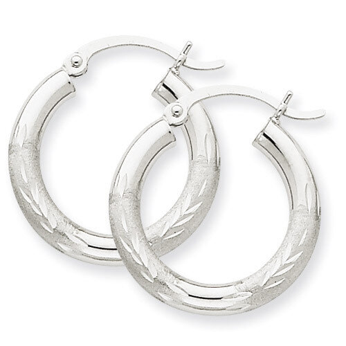 Satin & Diamond-cut 3mm Round Hoop Earrings 10k White Gold 10TC278