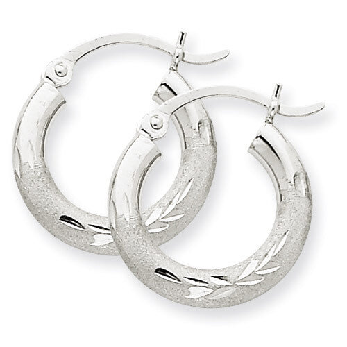 Satin &amp; Diamond-cut 3mm Round Hoop Earrings 10k White Gold 10TC279, MPN: 10TC279, 883957896779