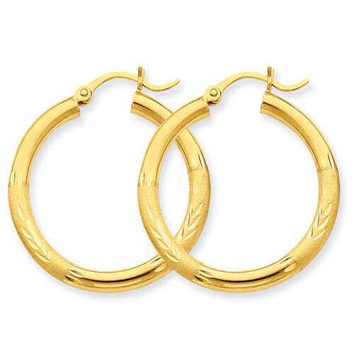 Satin & Diamond-cut 3mm Round Hoop Earrings 10k Gold 10TC288