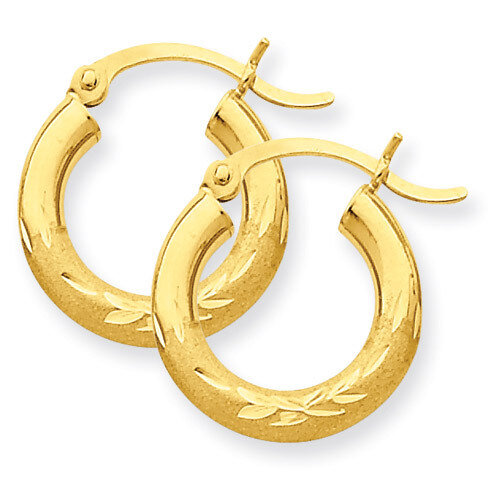 Satin &amp; Diamond-cut 3mm Round Hoop Earrings 10k Gold 10TC291