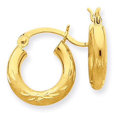 Satin &amp; Diamond-cut 3mm Round Hoop Earrings 10k Gold 10TC292