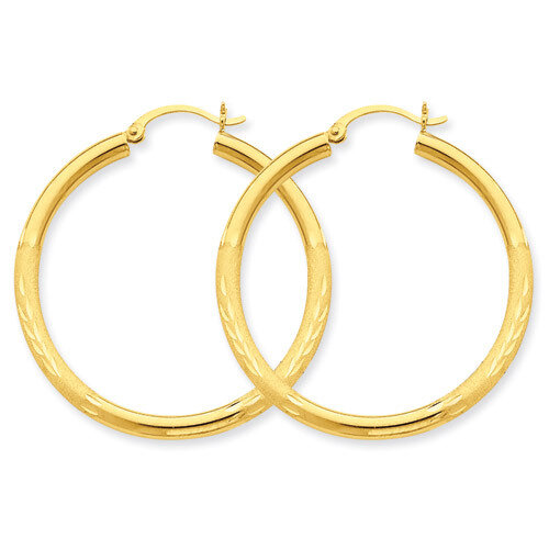 Satin &amp; Diamond-cut 3mm Round Hoop Earrings 10k Gold 10TC293, MPN: 10TC293, 883957896915
