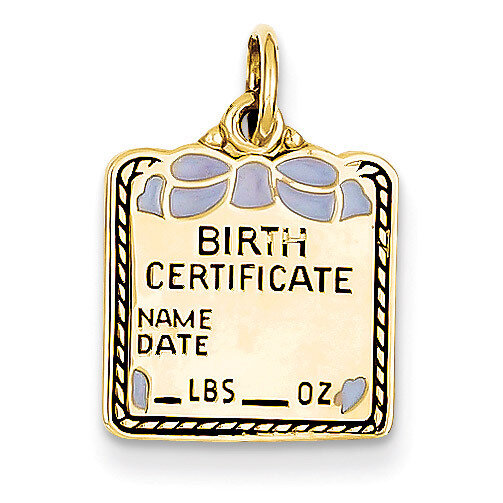Enameled Blue Engravable Birth Certificate Charm 14k Gold A0363/B