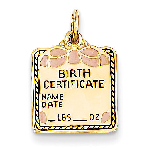 Enameled Pink Engravable Birth Certificate Charm 14k Gold A0363/P