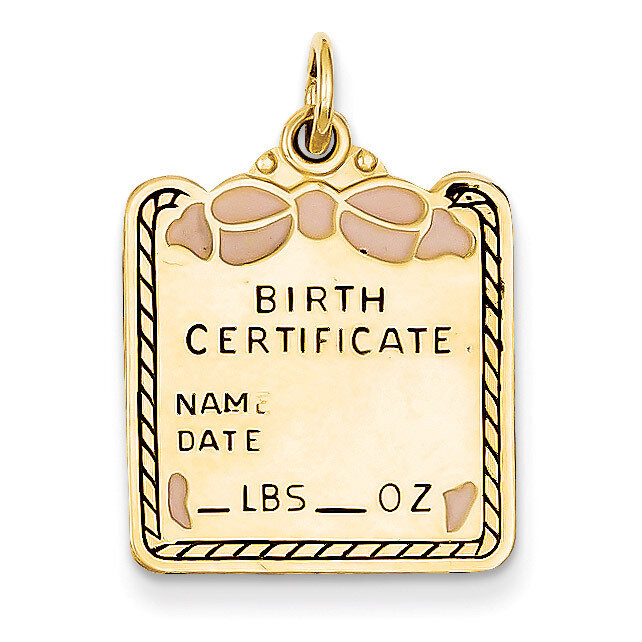 Enameled Pink Engravable Birth Certificate Charm 14k Gold A0364/P