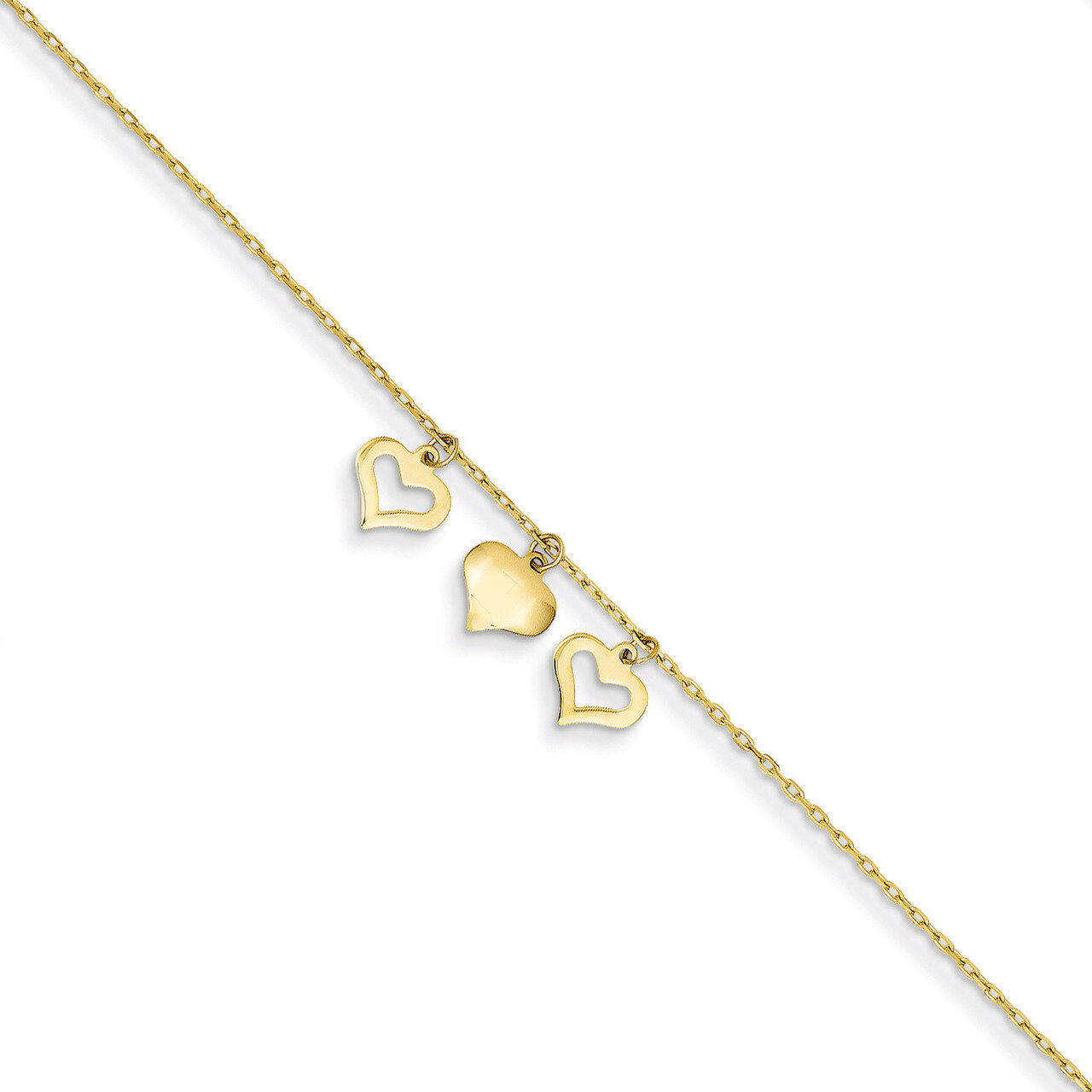 3 Hearts with 1 inch Extension Anklet 10 Inch 14k Gold ANK233-10