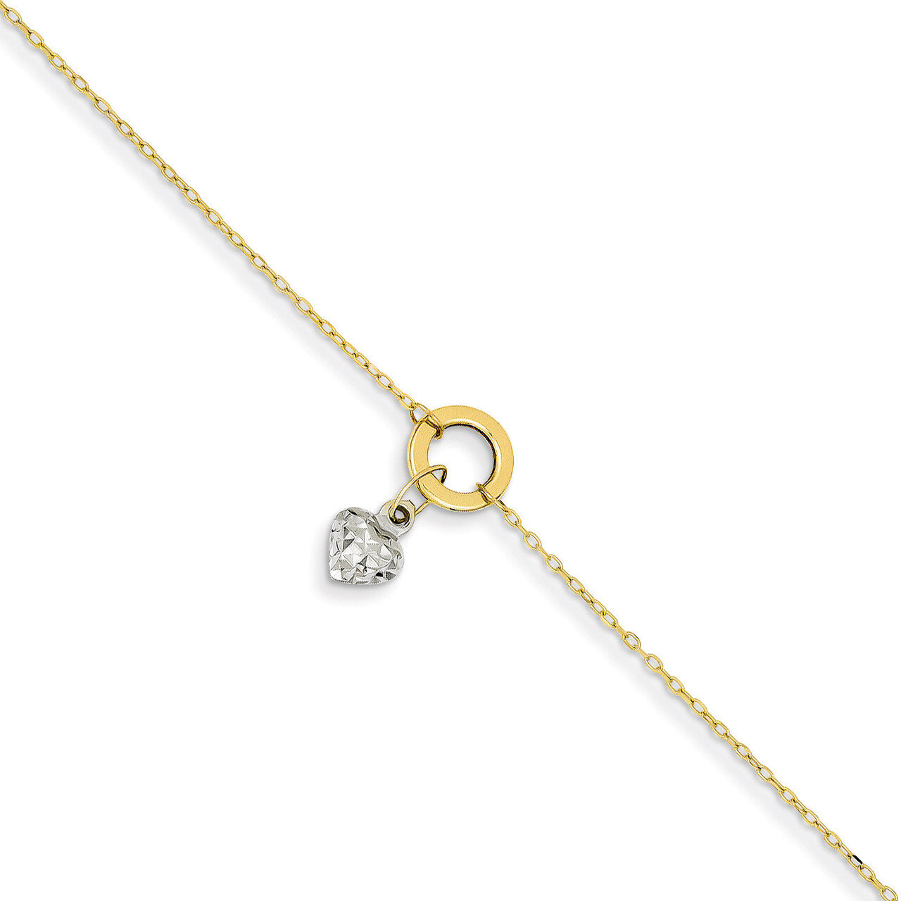 Circle Diamond Cut Puff Heart with 1in Ext Anklet 9 Inch 14K Gold Two-tone ANK243-9