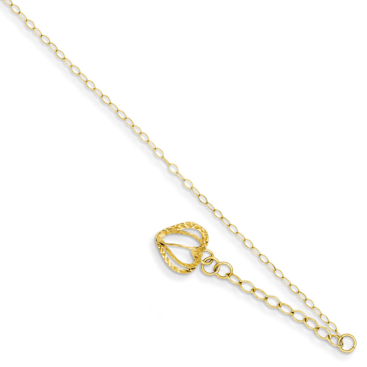 Oval Link Chain with Diamond-cut Open Heart Cage with 1in Ext Anklet 9 Inch 14k Gold ANK244-9, MPN:…