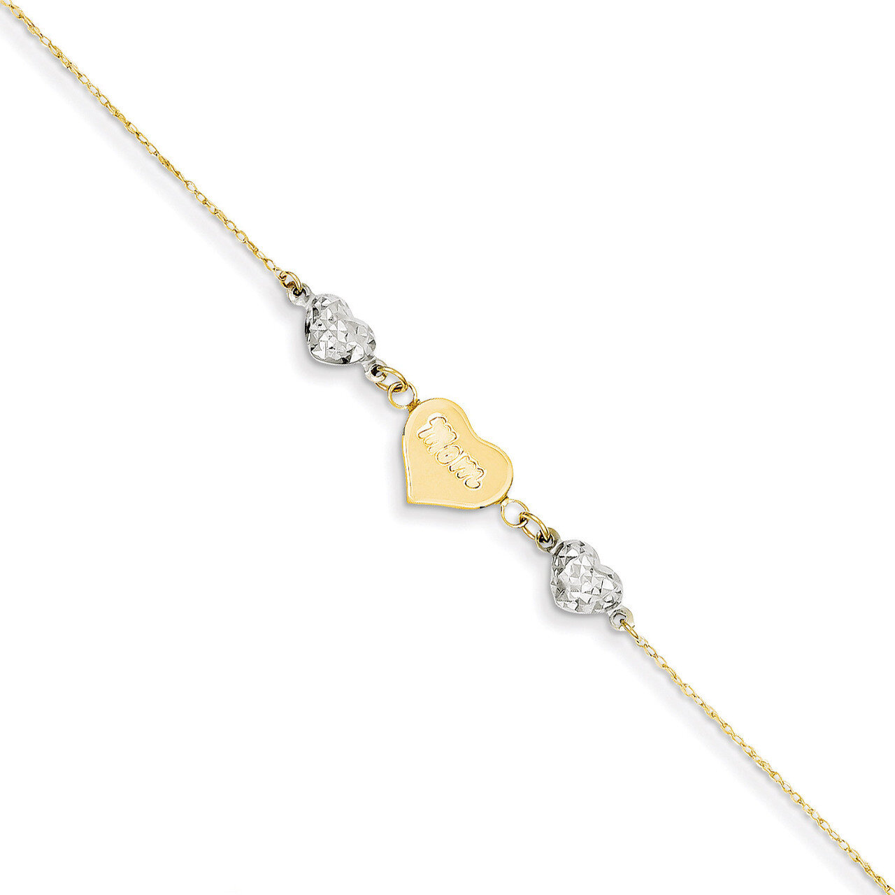 Diamond-cut Puffed Heart MOM with 1in Ext Anklet 9 Inch 14k Two-Tone Gold ANK253-9
