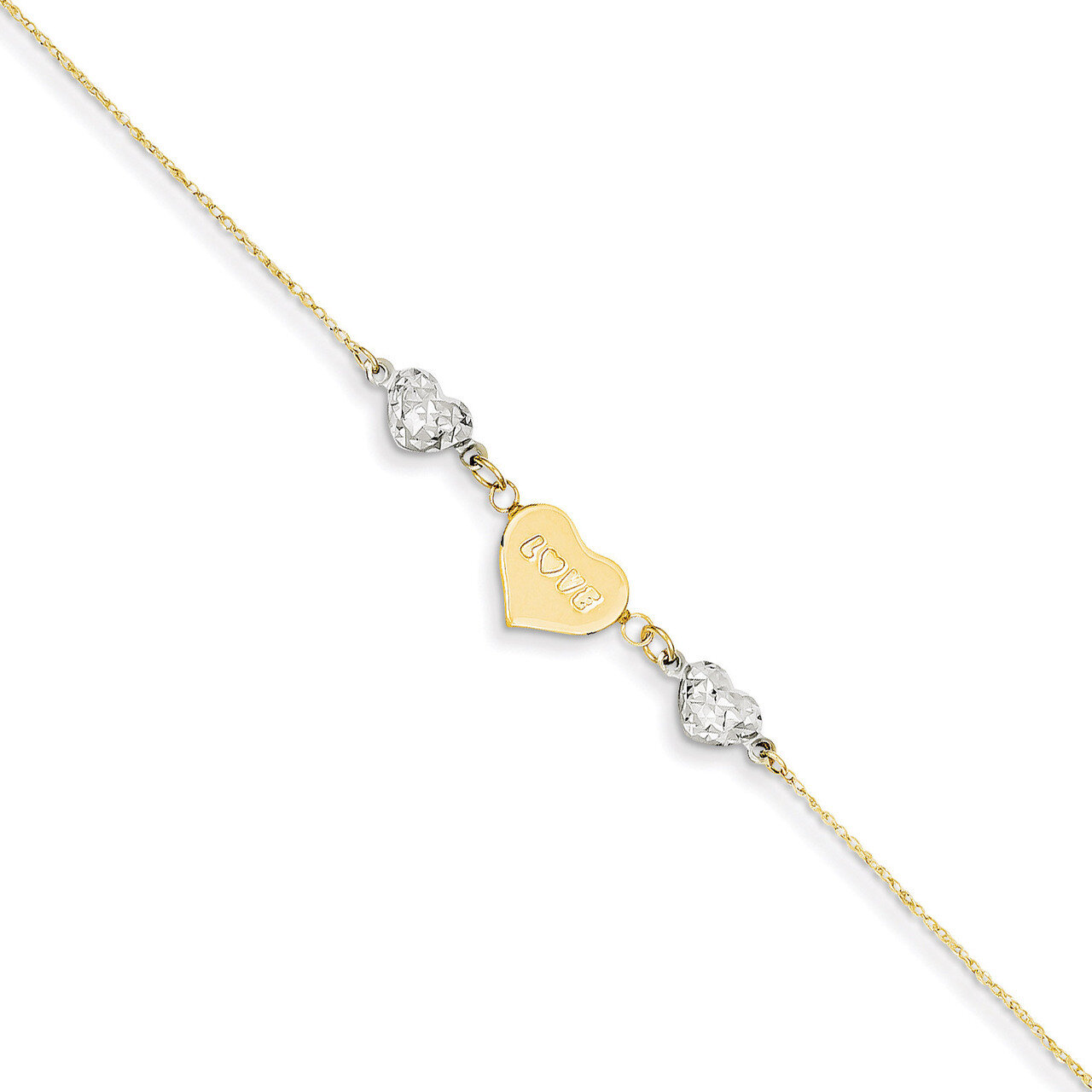 Diamond-cut Puffed Hearts LOVE with 1in Ext Anklet 9 Inch 14k Two-Tone Gold ANK254-9