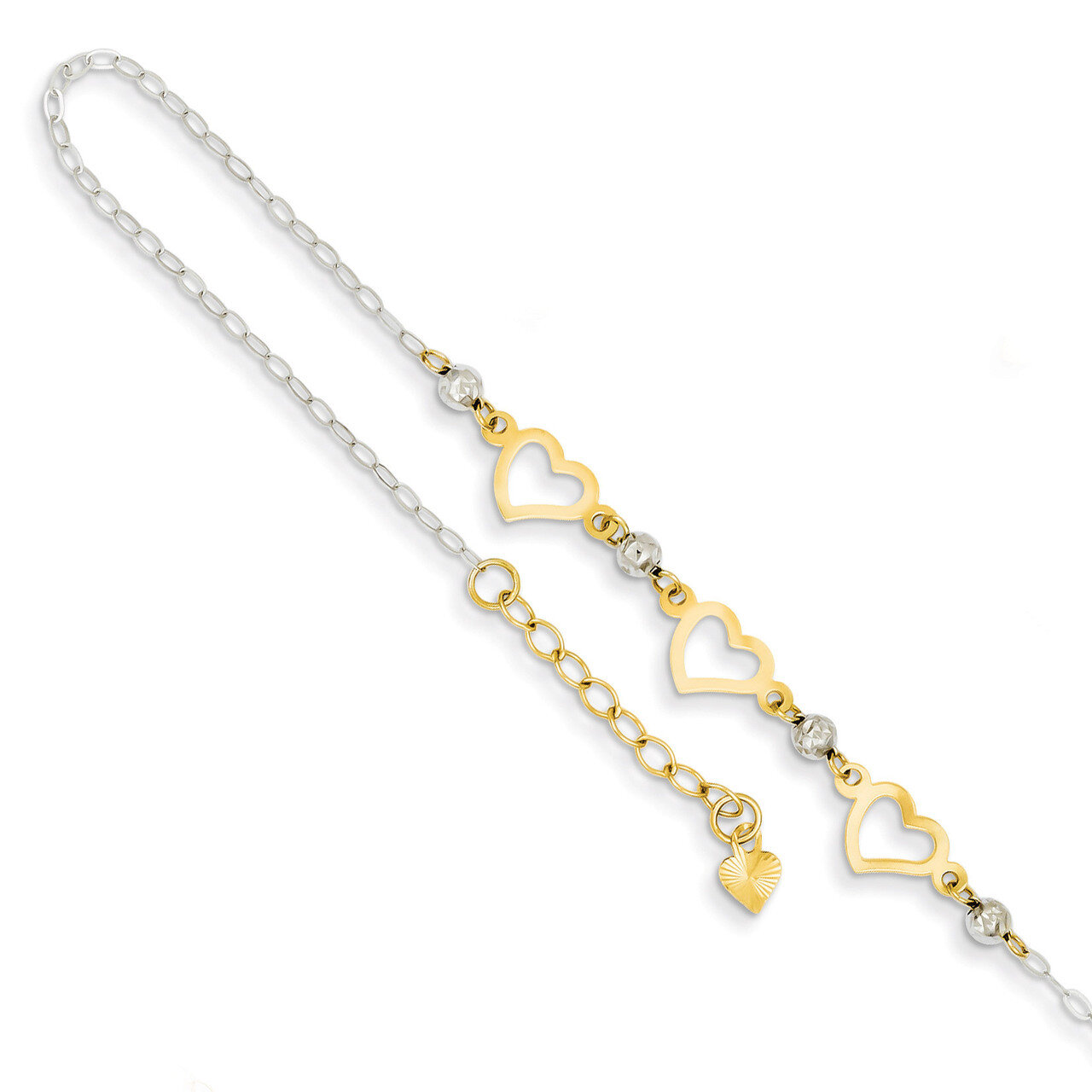 Oval Link with Diamond-cut Beads & Heart with 1in Ext Anklet 9 Inch 14k Two-Tone Gold ANK257-9
