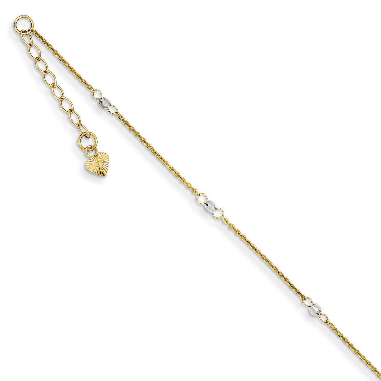 Cable Two-tone with Mirror Beads with 1in Ext Anklet 9 Inch 14k Gold ANK264-9