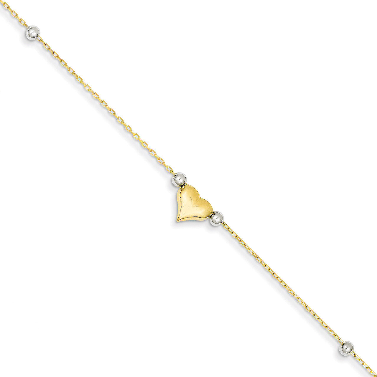 Polished Puffed Heart with Beads Anklet 10 Inch 14k Two-Tone Gold ANK48-10