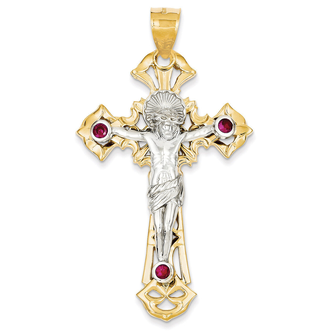 Polished with Red Synthetic Diamond Crucifix Pendant 14k Two-Tone Gold C2034