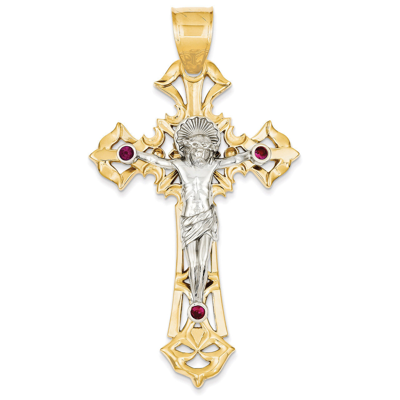 Polished with Red Synthetic Diamond Crucifix Pendant 14k Two-Tone Gold C2035