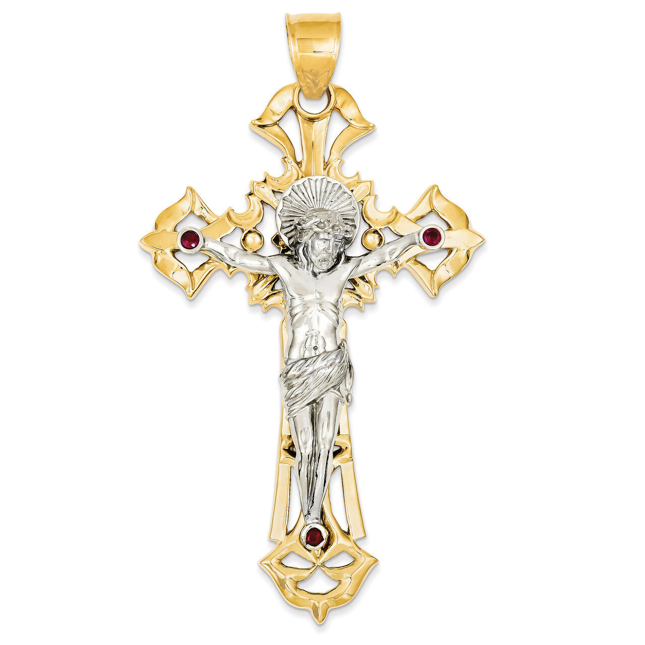 Polished with Red Synthetic Diamond Crucifix Pendant 14k Two-Tone Gold C2036