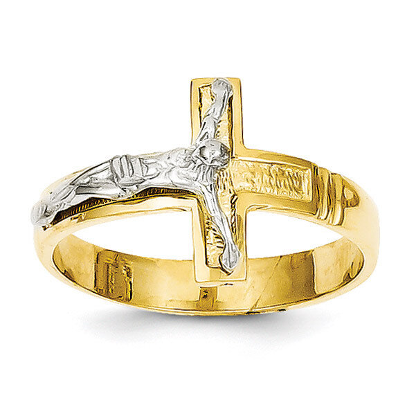 Polished & Diamond-Cut Mens Crucifix Ring 14k Two-Tone Gold C2116