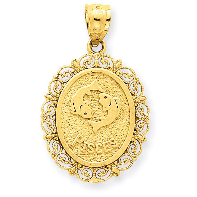 Polished Pisces Zodiac Oval Pendant 14k Gold Solid Satin C2854