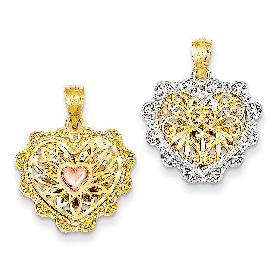 Reversible Filigree Heart Pendant 14k Yellow &amp; Rose Gold with Rhodium C2926