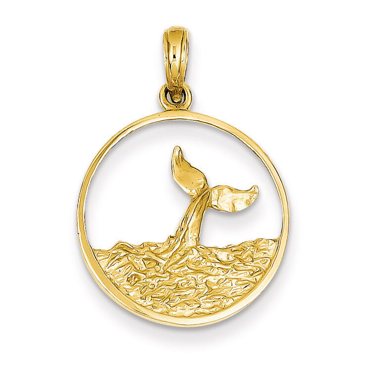 Whale Tail in Circle with Waves Pendant 14k Gold C3429