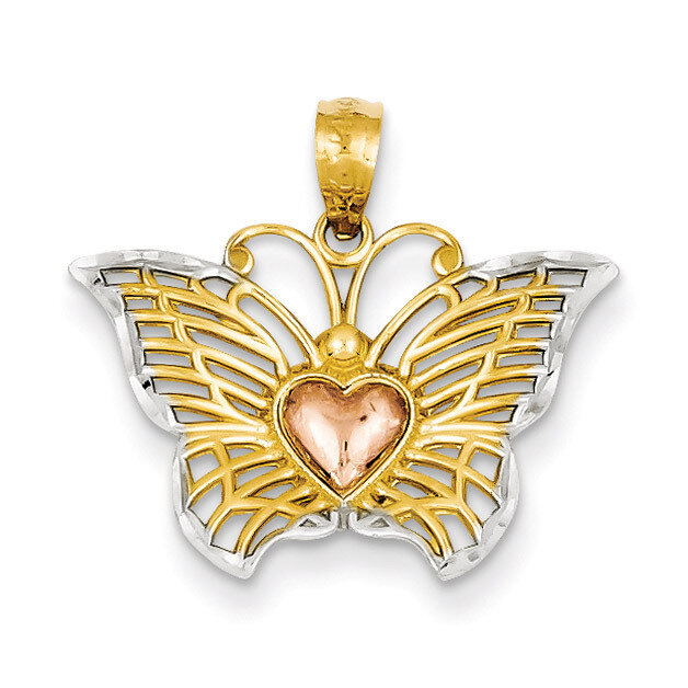 Yellow & Rose with Rhodium Butterfly with Heart Pendant 14k Gold C3486