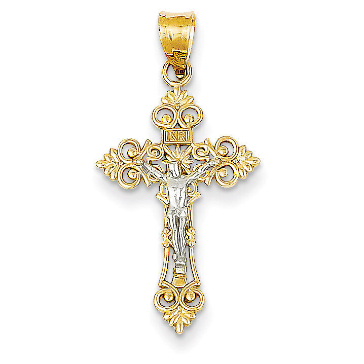 Small Lacey-edged INRI Crucifix Pendant 14k Two-Tone Gold C4386