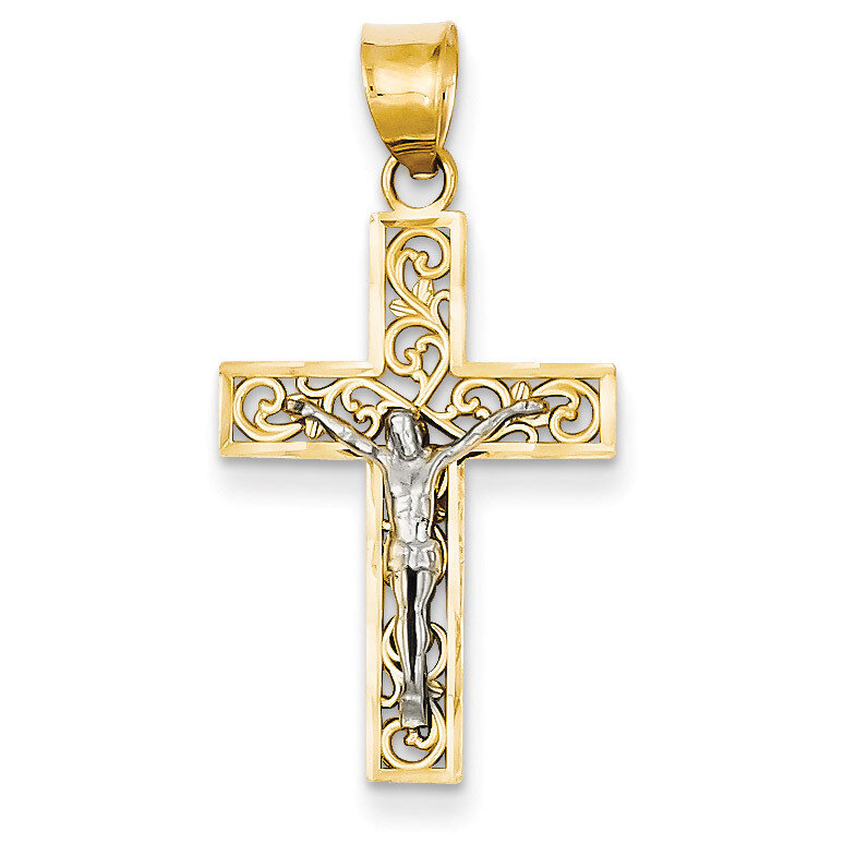 Diamond-cut Small Block Filigree Cross with Crucifix Pendant 14k Two-Tone Gold C4392