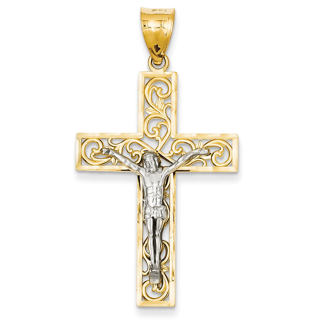 Diamond-cut Large Block Filigree Cross with Crucifix Pendant 14k Two-Tone Gold C4394