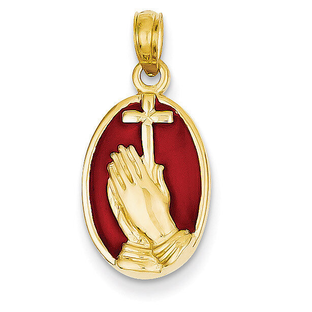 Red Translucent Acrylic Praying Hands and Cross Pendant 14k Gold C4420