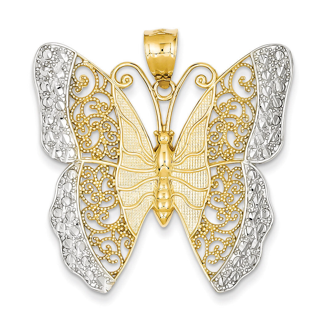 Solid Polished Diamond-cut Filigree Butterfly Pendant 14K Gold & Rhodium D1340