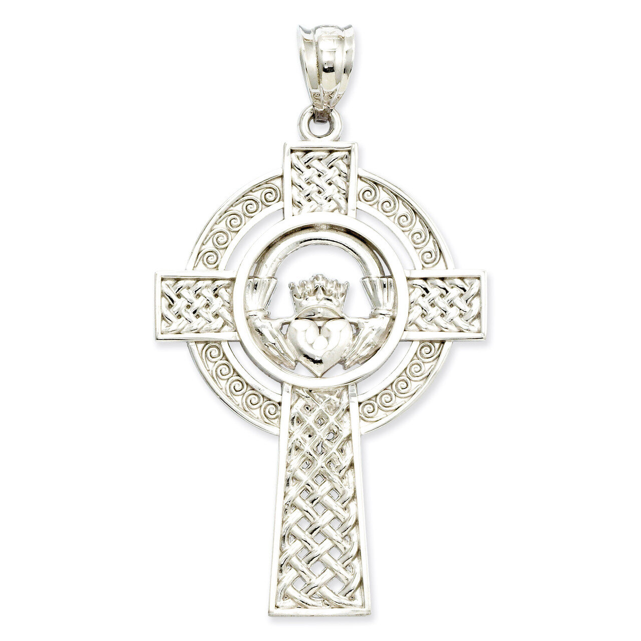Celtic Claddagh Cross Pendant 14k White Gold D1522