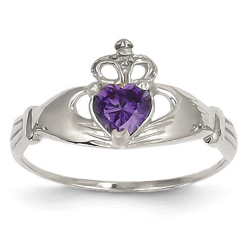 Synthetic Diamond February Birthstone Claddagh Heart Ring 14k White Gold D1781