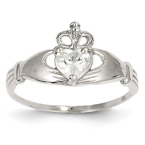 Synthetic Diamond April Birthstone Claddagh Heart Ring 14k White Gold D1783