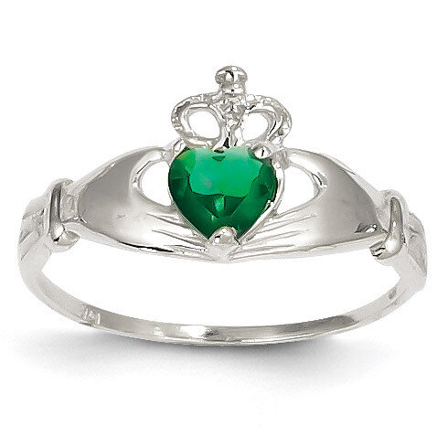 Synthetic Diamond May Birthstone Claddagh Heart Ring 14k White Gold D1784