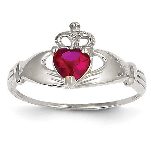 Synthetic Diamond July Birthstone Claddagh Heart Ring 14k White Gold D1786