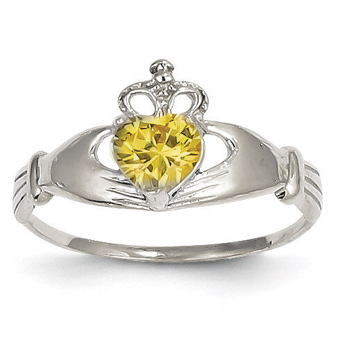 Synthetic Diamond November Birthstone Claddagh Heart Ring 14k White Gold D1790