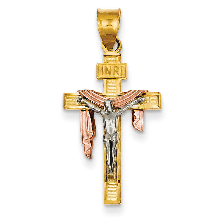 Diamond-cut Small Draped INRI Crucifix Pendant 14k Tri-Color Gold D4322