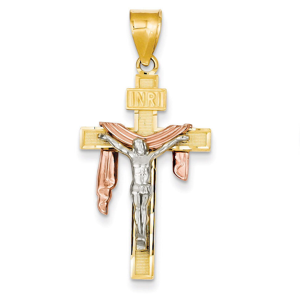Diamond-cut Large Draped INRI Crucifix Pendant 14k Tri-Color Gold D4323