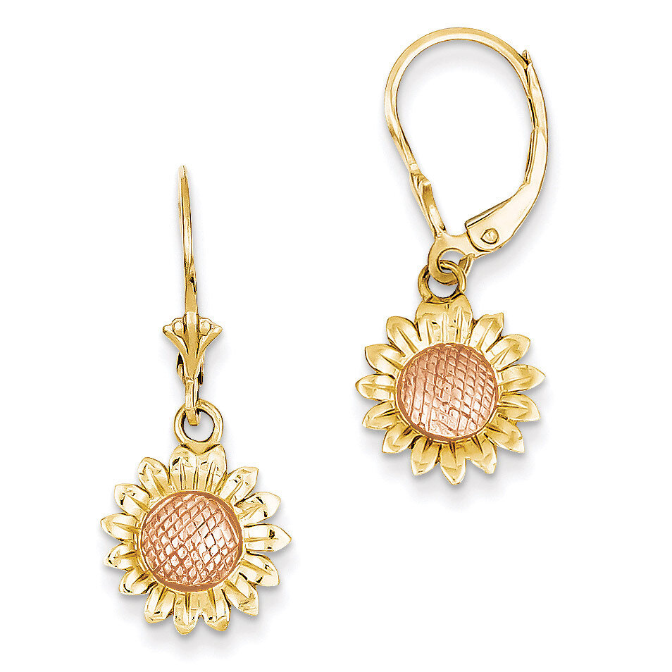 Polished Sunflower Dangle Leverback Earrings 14k Two-Tone Gold FB577E, MPN: FB577E, 886774761411
