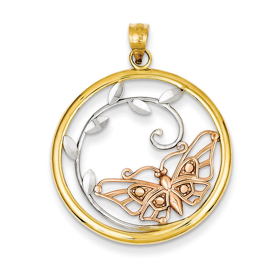 Butterfly in Circle Pendant 14k Yellow & Rose Gold with Rhodium K3246