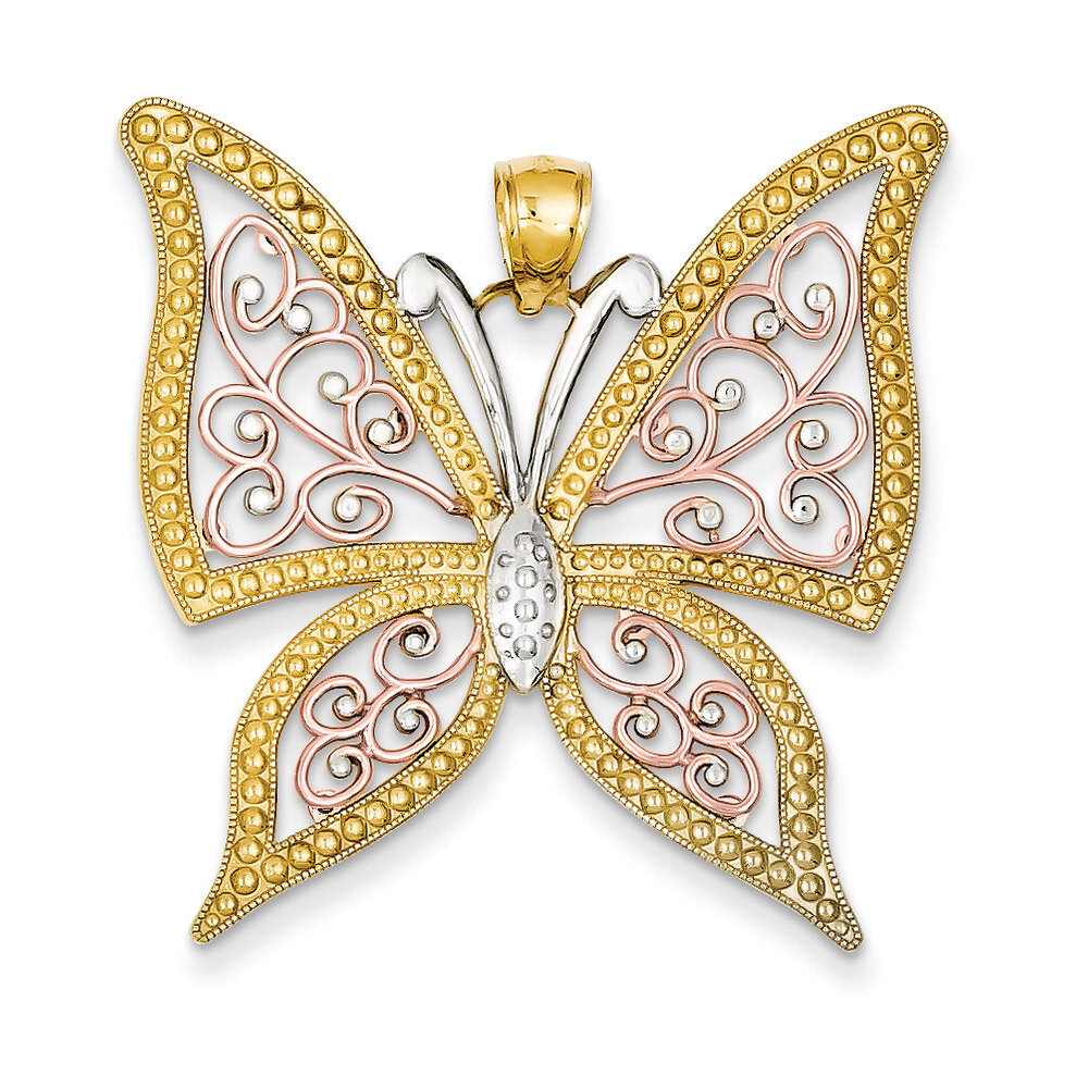 Diamond-cut Butterfly Pendant 14k Yellow & Rose Gold with Rhodium K3249