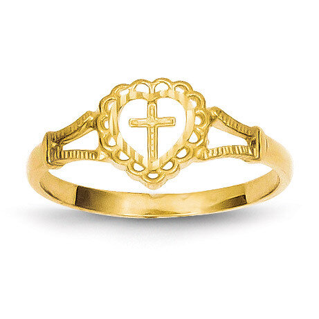Childs Heart & Cross Ring 14k Gold Diamond-cut K3936