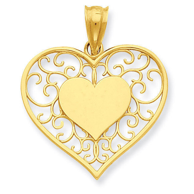 Heart in Heart Polished & Filigree Pendant 14k Gold K3982