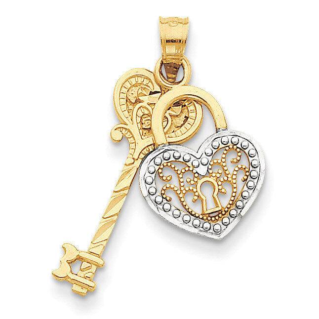 Diamond-cut Key & Heart Lock Pendant 14K Gold & Rhodium K4034
