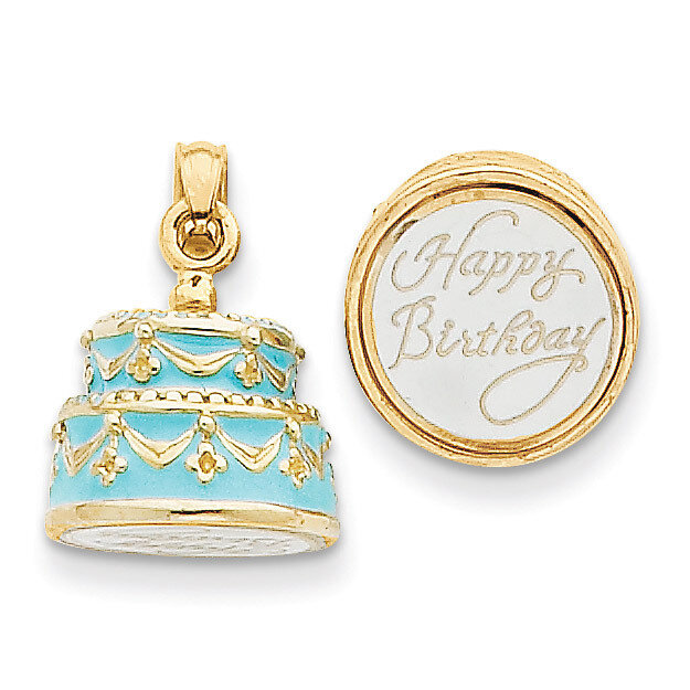 3-D Light Blue Enameled Happy Birthday Cake Pendant 14k Gold K4057