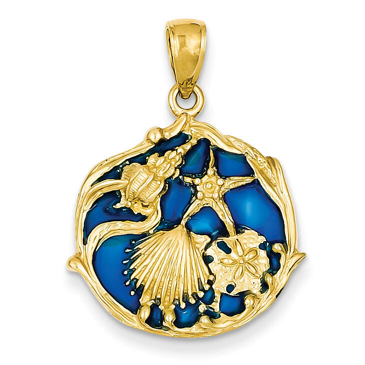 Blue Stained Glassed Shell Cluster Pendant 14k Gold K4166